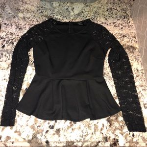 Black Peplum Top with Lace Sleeves